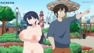 Audrey presses her fat ass against his cock and presses her huge boobs against him as she hugs naked in public (Hagen Toons)
